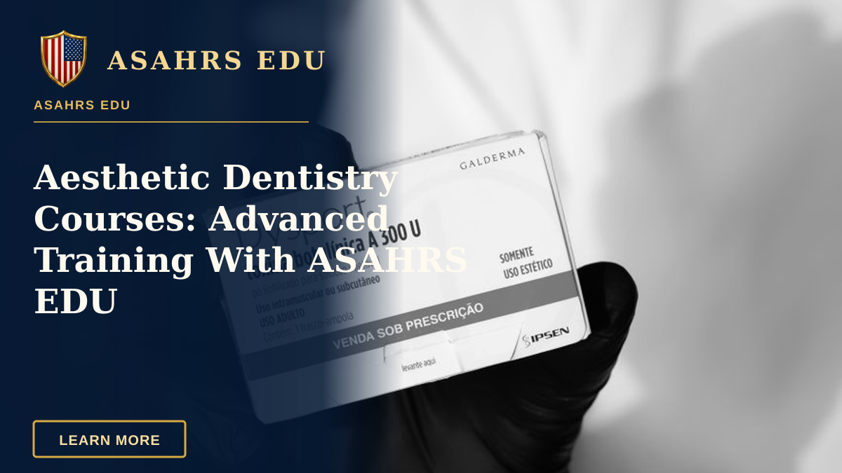 Aesthetic Dentistry Courses: Advanced Training With ASAHRS EDU — Black and white image of a gloved hand holding a Dysport botulinum toxin box, indicating medical or cosmetic use.
