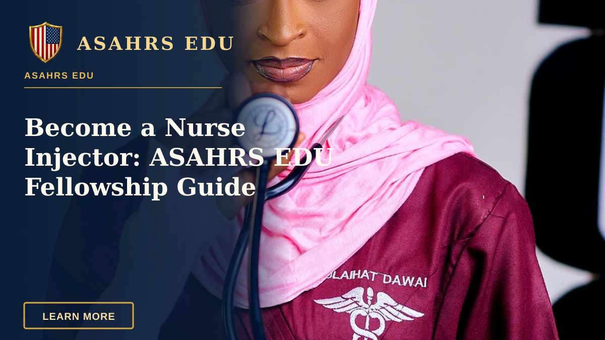 Become a Nurse Injector: ASAHRS EDU Fellowship Guide — Focused female nurse in hijab holding a stethoscope, wearing professional attire. Healthcare representation.