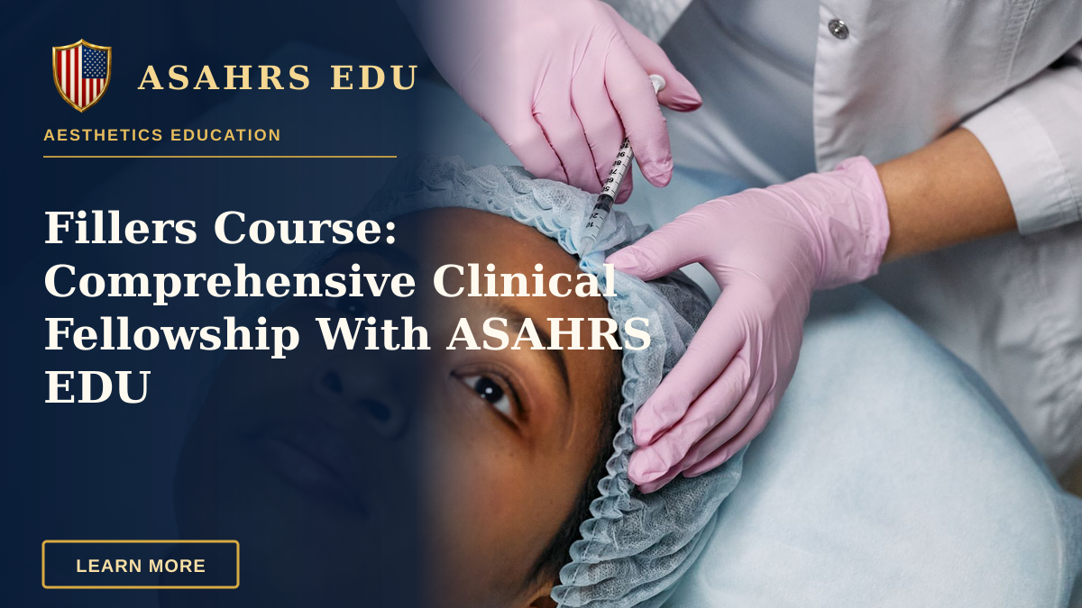 Fillers Course: Comprehensive Clinical Fellowship With ASAHRS EDU — Close-up of a cosmetic procedure using injectables on a woman's forehead in a clinic setting.