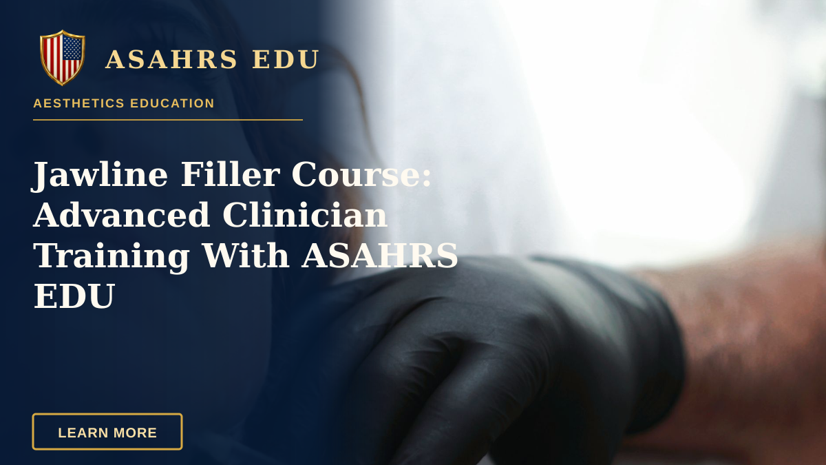 Jawline Filler Course: Advanced Clinician Training With ASAHRS EDU — Close-up of a woman receiving dermal filler injection by professional in black gloves.