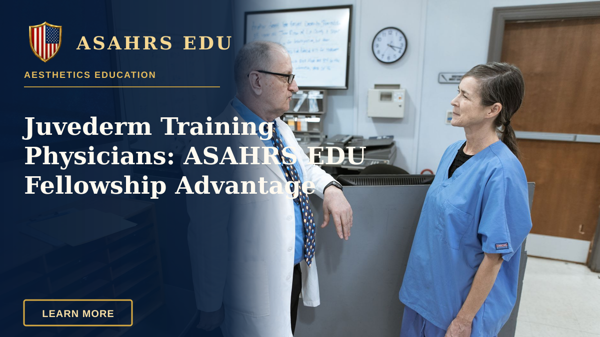 Juvederm Training Physicians: ASAHRS EDU Fellowship Advantage — Doctor and nurse in hospital corridor engaging in discussion about patient information and treatment.