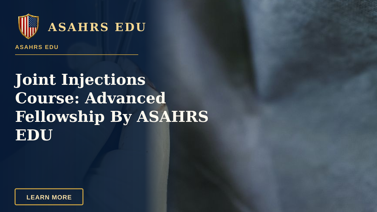 Joint Injections Course: Advanced Fellowship By ASAHRS EDU — Close-up of gloved hands holding syringes filled with fluid, set against a blue background.
