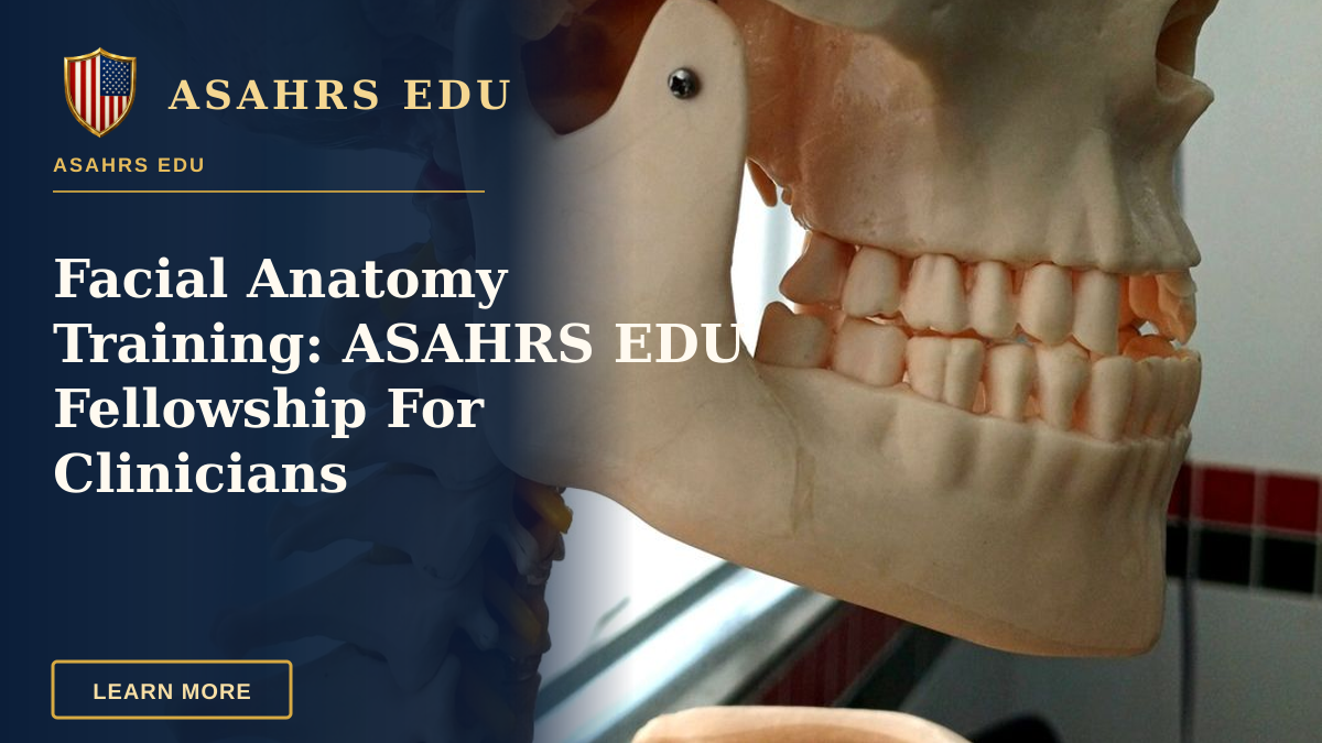 Facial Anatomy Training: ASAHRS EDU Fellowship For Clinicians — Close-up of a plastic human skull model used for educational purposes in a classroom setting.