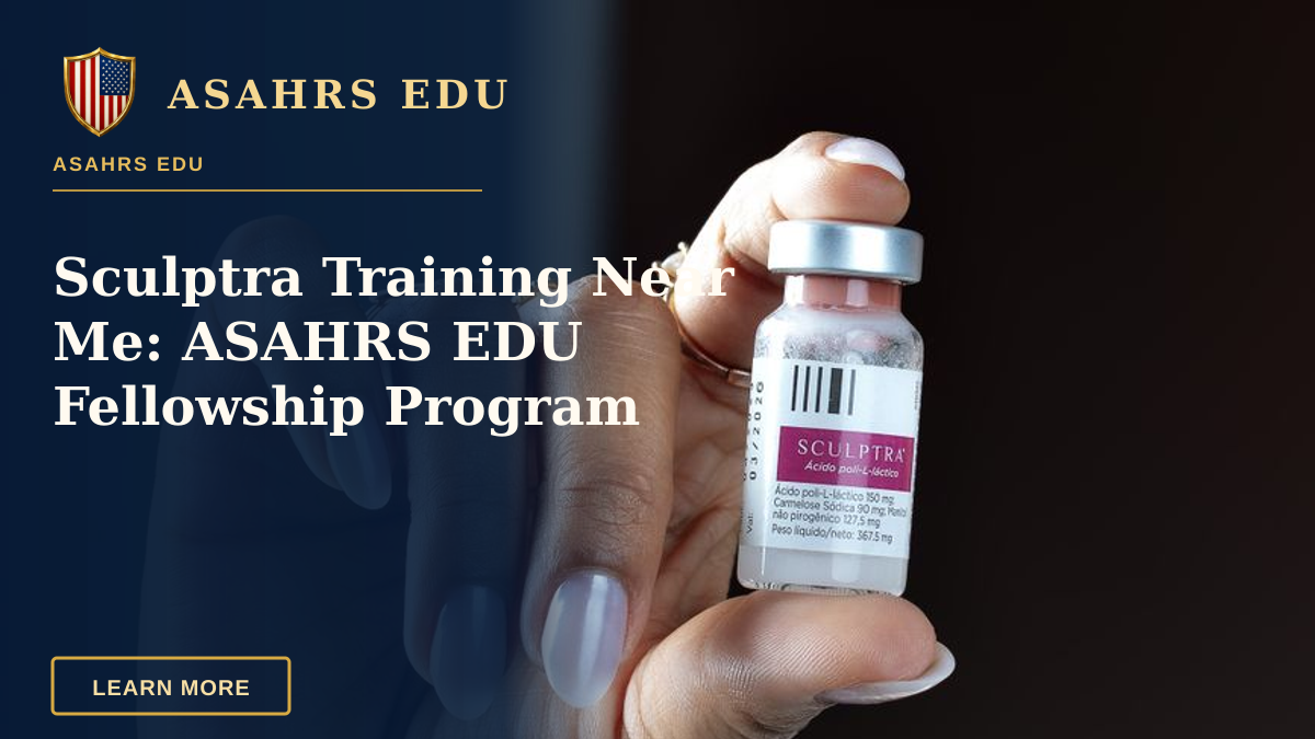 Sculptra Training Near Me: ASAHRS EDU Fellowship Program — Detail of a person's hand holding a Sculptra cosmetic vial against a dark background.