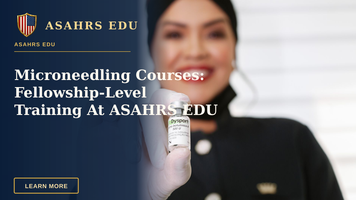 Microneedling Courses: Fellowship-Level Training At ASAHRS EDU — A healthcare worker in gloves holding a Dysport vial, smiling indoors.