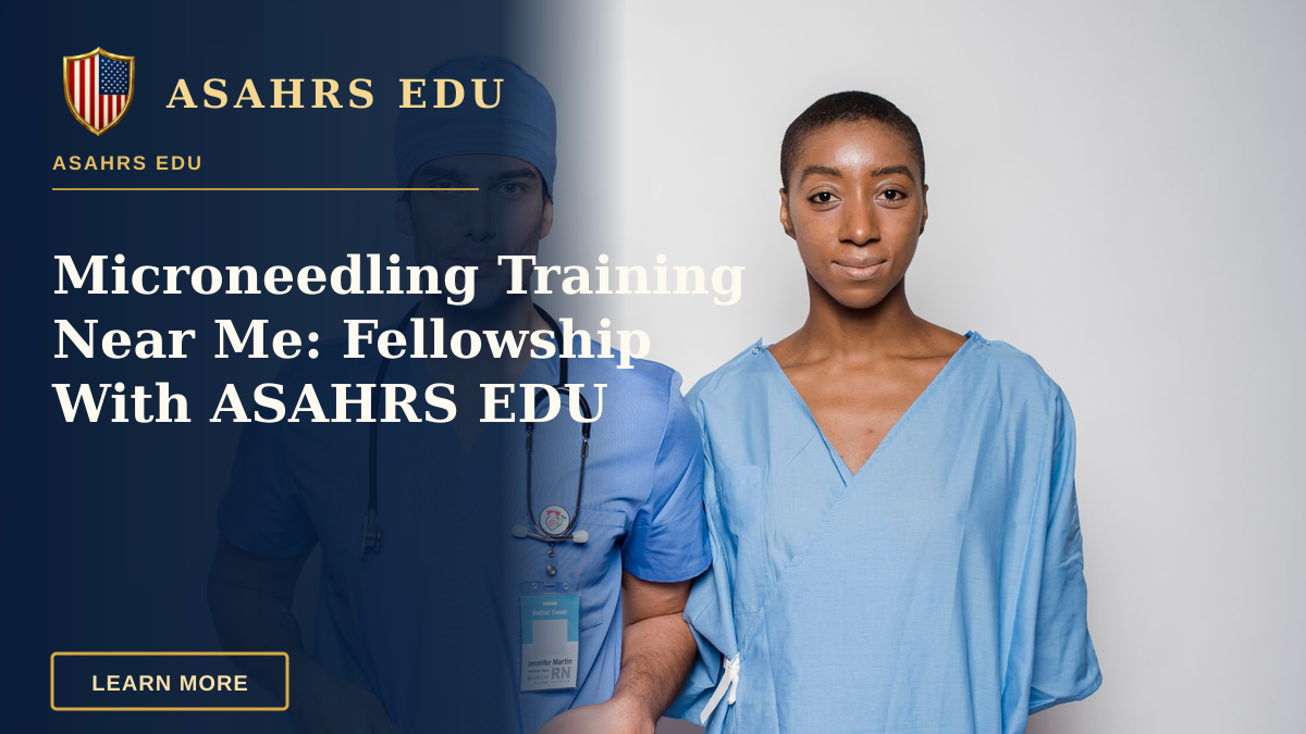 Microneedling Training Near Me: Fellowship With ASAHRS EDU — Positive male doctor in blue uniform with hands in pockets smiling and looking at camera while standing near nurse holding hands behind back in hospital