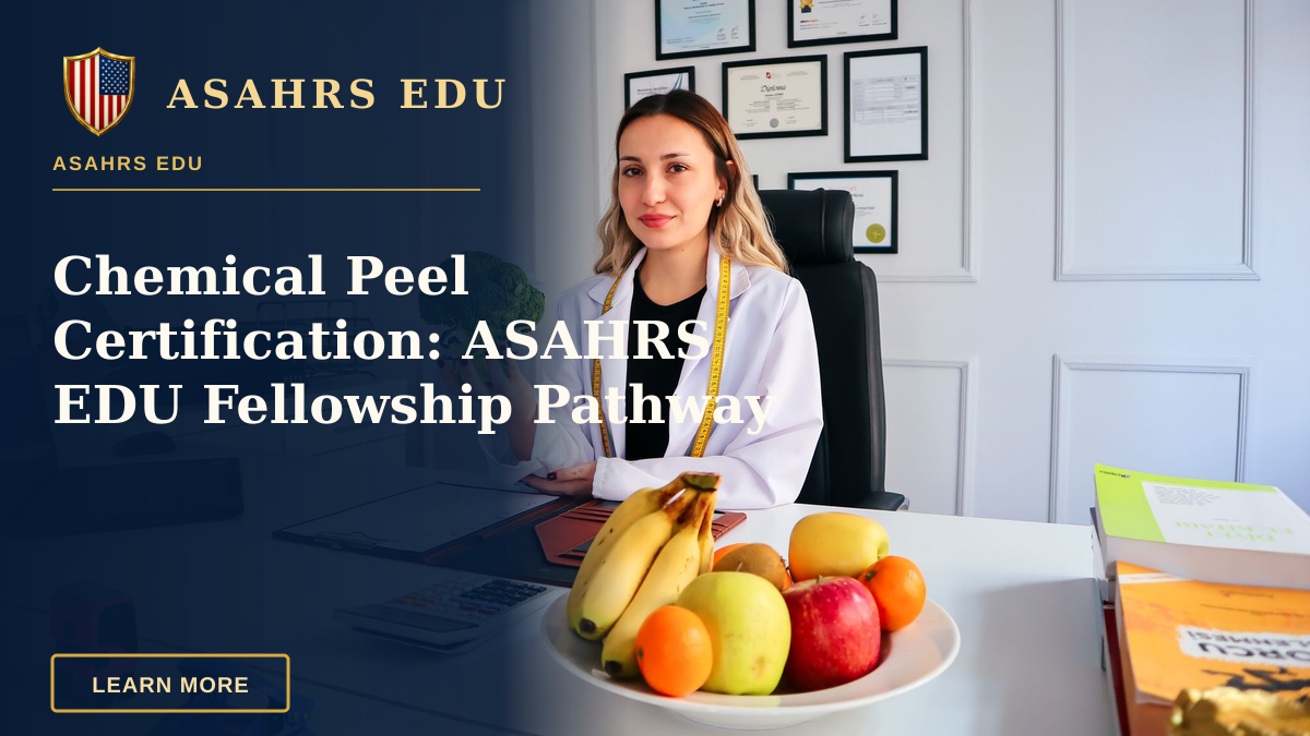 Chemical Peel Certification: ASAHRS EDU Fellowship Pathway — Female nutritionist in office holding broccoli, surrounded by fruits, promoting healthy lifestyle.
