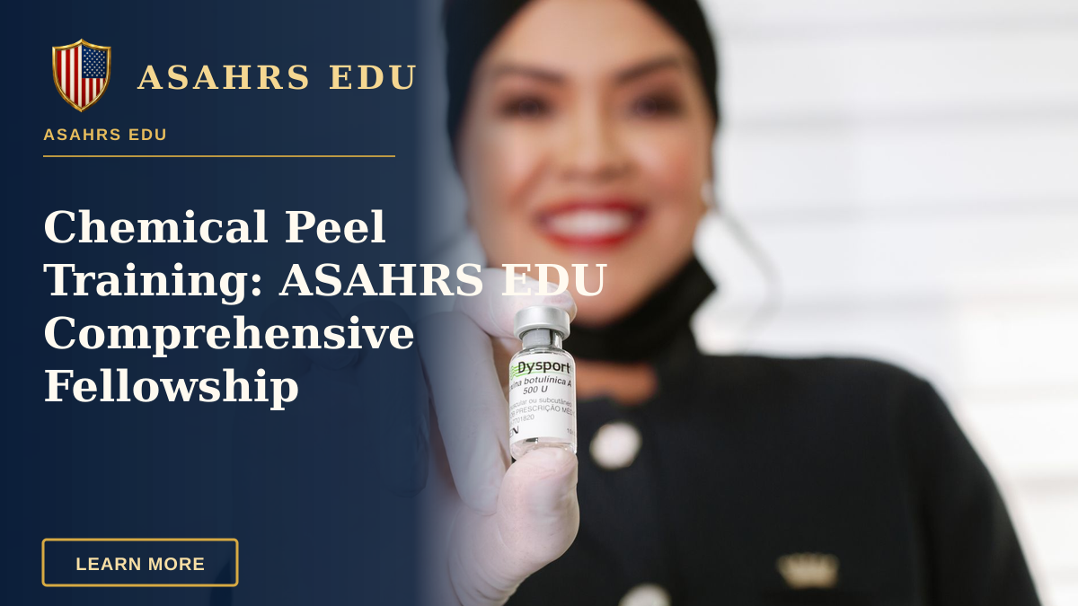 Chemical Peel Training: ASAHRS EDU Comprehensive Fellowship — A healthcare worker in gloves holding a Dysport vial, smiling indoors.