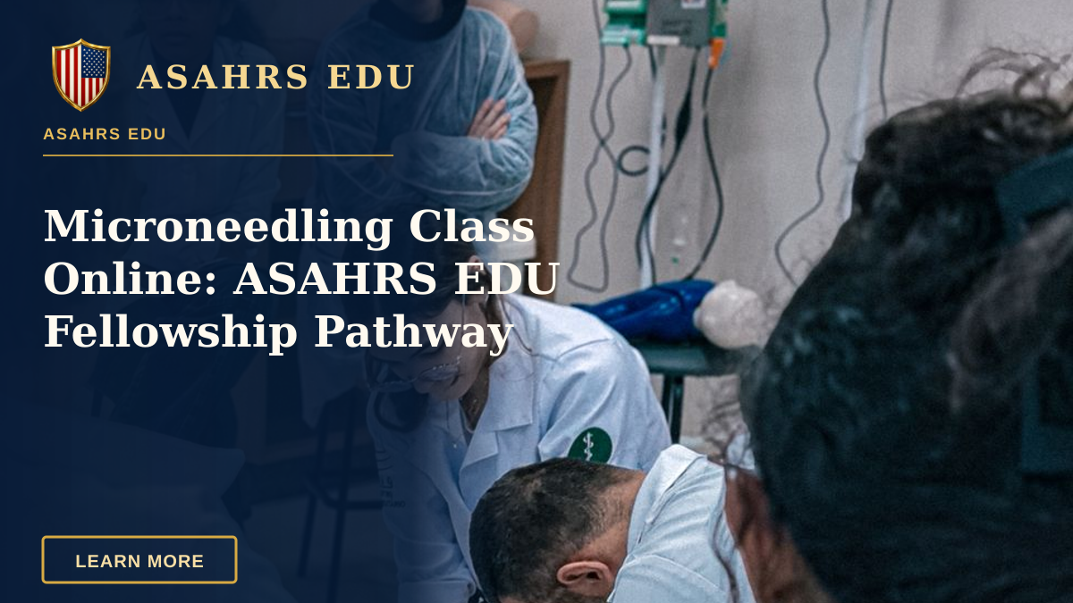 Microneedling Class Online: ASAHRS EDU Fellowship Pathway — Group of medical students practicing on a dummy in a classroom setting in Brazil.