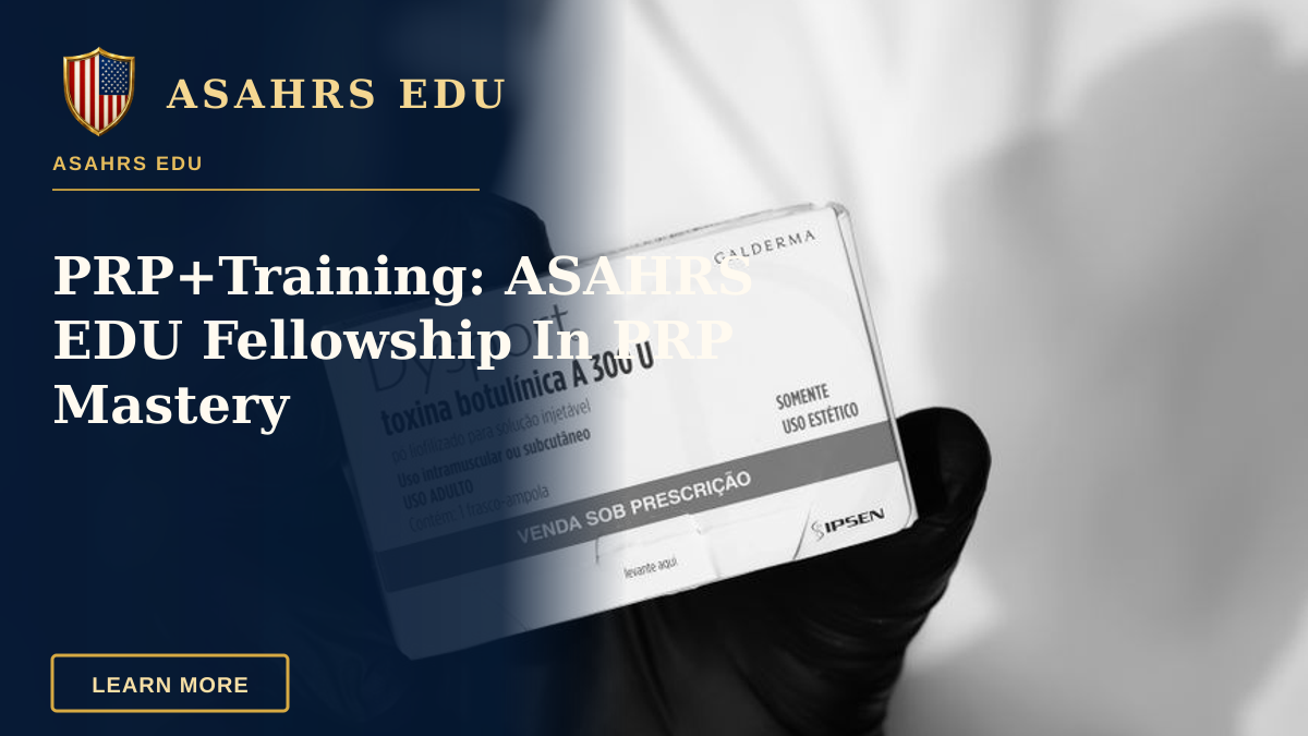 PRP+Training: ASAHRS EDU Fellowship In PRP Mastery — Black and white image of a gloved hand holding a Dysport botulinum toxin box, indicating medical or cosmetic use.