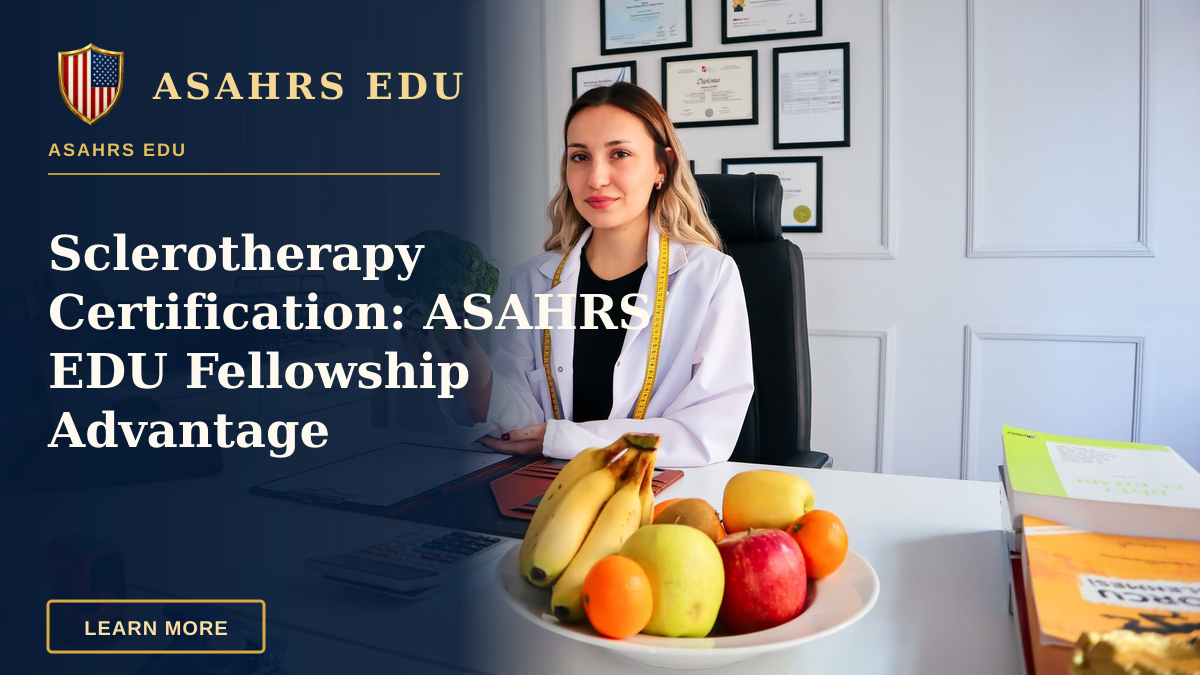 Sclerotherapy Certification: ASAHRS EDU Fellowship Advantage — Female nutritionist in office holding broccoli, surrounded by fruits, promoting healthy lifestyle.
