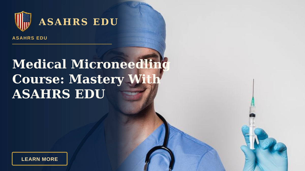 Medical Microneedling Course: Mastery With ASAHRS EDU — Glad male in latex blue medical gloves with stethoscope smiling and looking at camera on white background