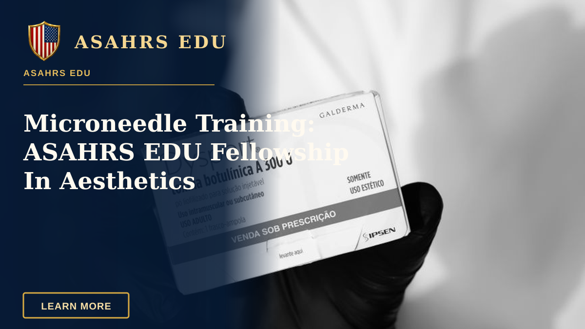 Microneedle Training: ASAHRS EDU Fellowship In Aesthetics — Black and white image of a gloved hand holding a Dysport botulinum toxin box, indicating medical or cosmetic use.