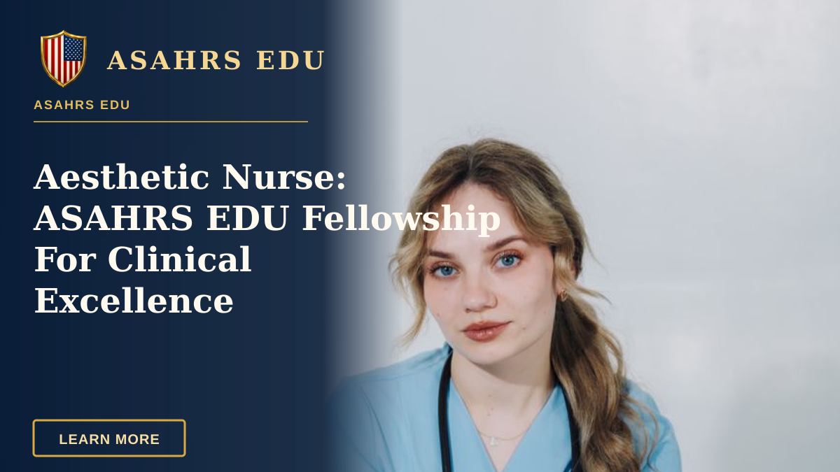 Aesthetic Nurse: ASAHRS EDU Fellowship For Clinical Excellence — A young nurse in blue scrubs and stethoscope sitting on a chair indoors.