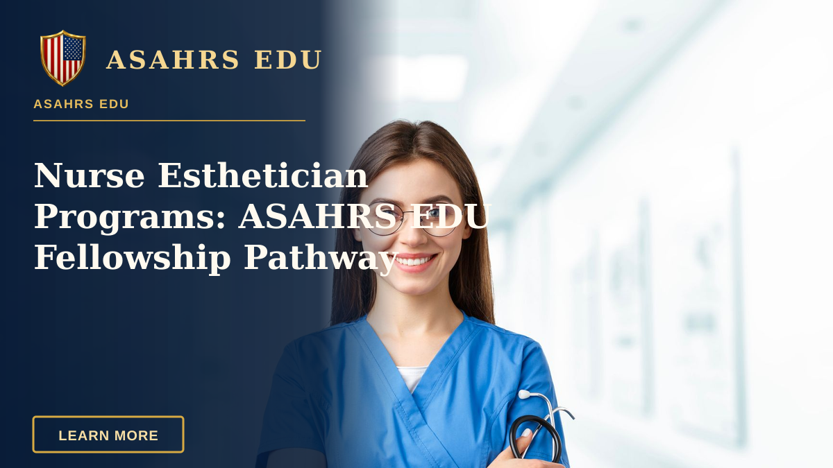 Nurse Esthetician Programs: ASAHRS EDU Fellowship Pathway — Young nurse in blue scrubs smiling and holding a stethoscope in a hospital corridor.
