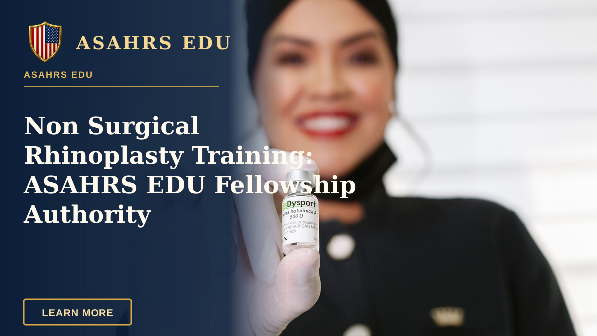 Non Surgical Rhinoplasty Training: ASAHRS EDU Fellowship Authority — A healthcare worker in gloves holding a Dysport vial, smiling indoors.