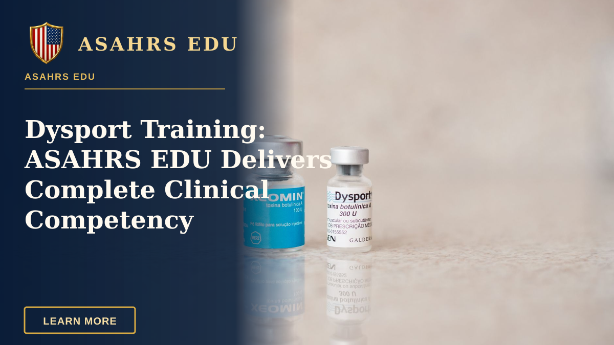 Dysport Training: ASAHRS EDU Delivers Complete Clinical Competency — Close-up of Xeomin and Dysport bottles reflecting on a surface, shot indoors.