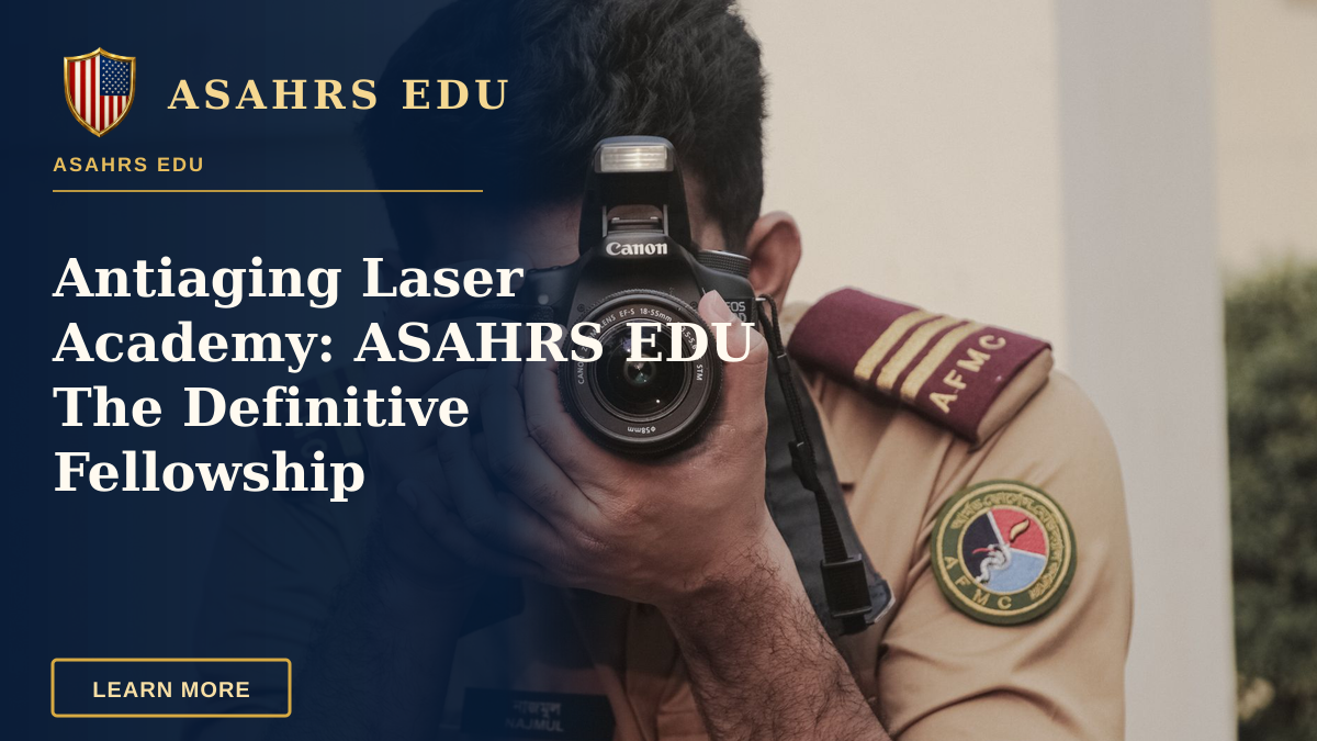 Antiaging Laser Academy: ASAHRS EDU The Definitive Fellowship — A military photographer in uniform aiming a camera at the viewer, outdoors.