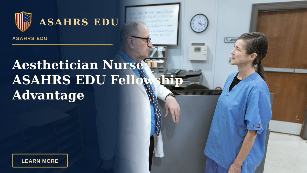 Aesthetician Nurse: ASAHRS EDU Fellowship Advantage — Doctor and nurse in hospital corridor engaging in discussion about patient information and treatment.