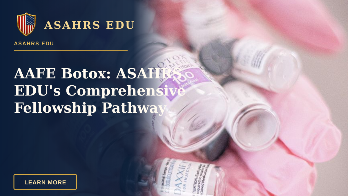 AAFE Botox: ASAHRS EDU's Comprehensive Fellowship Pathway — Collection of cosmetic vial bottles held in pink gloves, representing modern beauty treatments.
