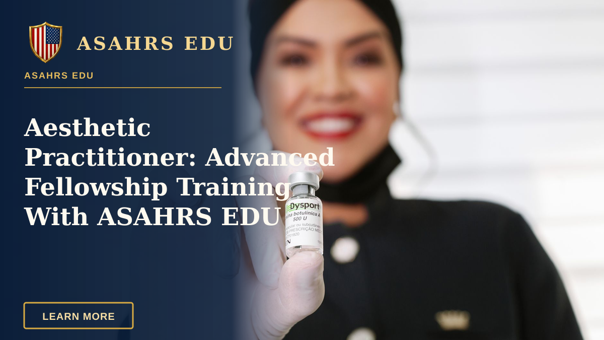 Aesthetic Practitioner: Advanced Fellowship Training With ASAHRS EDU — A healthcare worker in gloves holding a Dysport vial, smiling indoors.