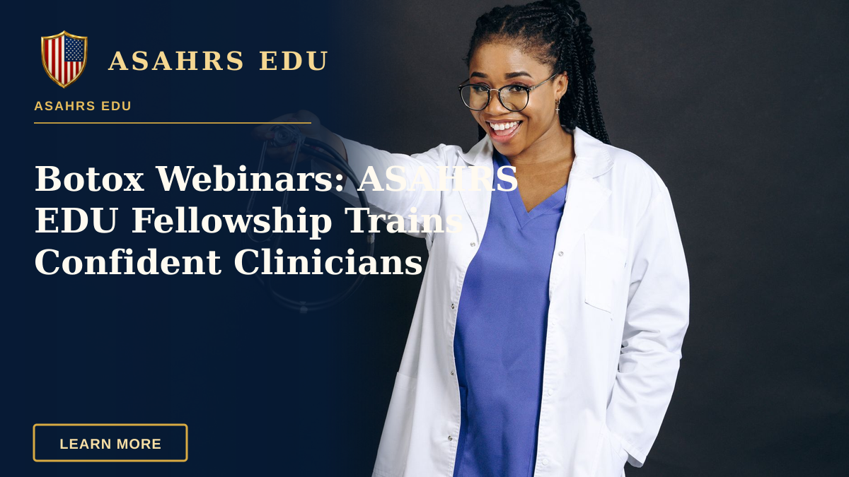Botox Webinars: ASAHRS EDU Fellowship Trains Confident Clinicians — Confident female doctor in white coat smiling and holding a stethoscope against a black background.