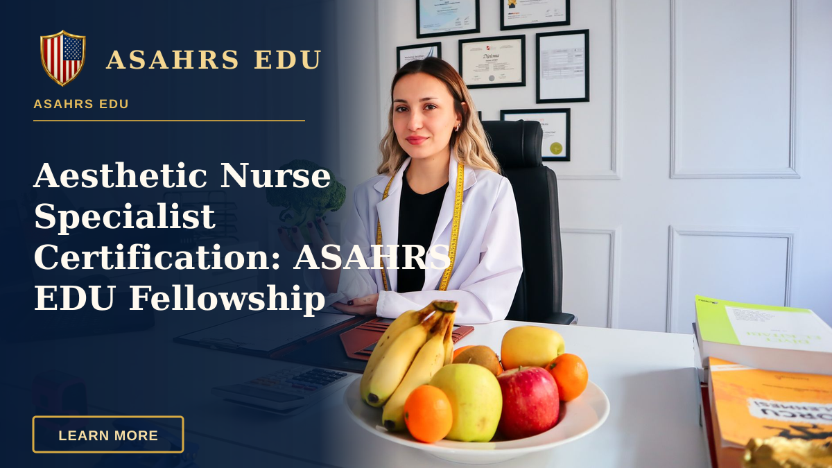Aesthetic Nurse Specialist Certification: ASAHRS EDU Fellowship — Female nutritionist in office holding broccoli, surrounded by fruits, promoting healthy lifestyle.