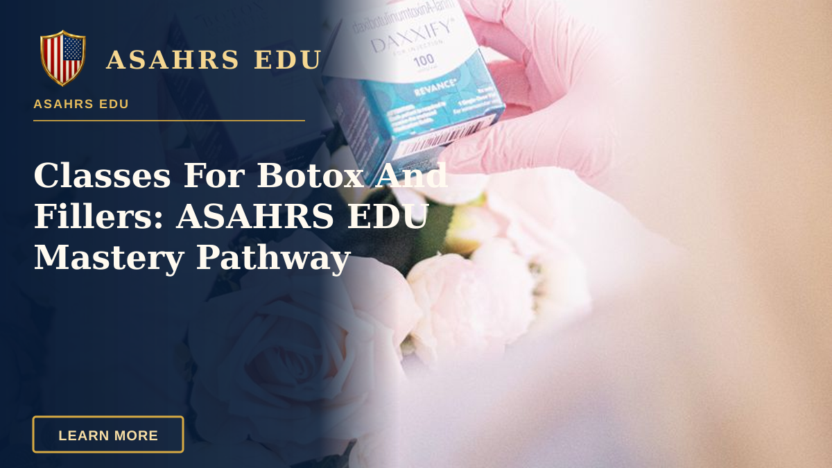 Classes For Botox And Fillers: ASAHRS EDU Mastery Pathway — Hands wearing pink gloves holding dermal filler boxes over floral arrangement in a clinic.