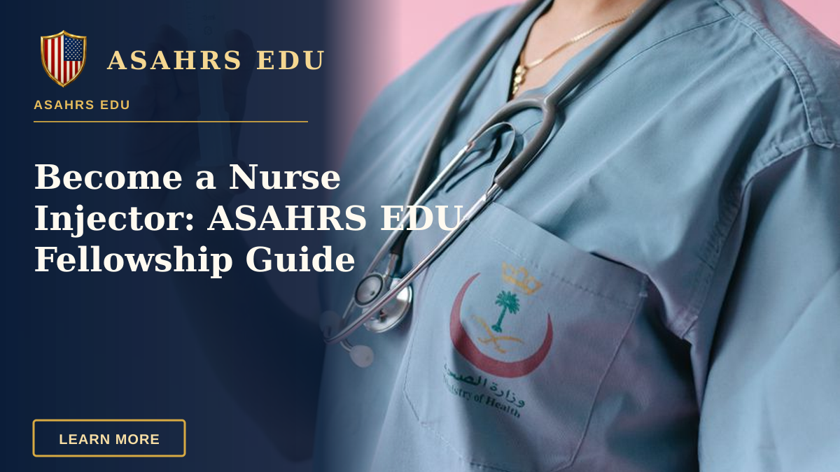 Become a Nurse Injector: ASAHRS EDU Fellowship Guide — A professional nurse in scrubs holding a syringe, set against a pink background.
