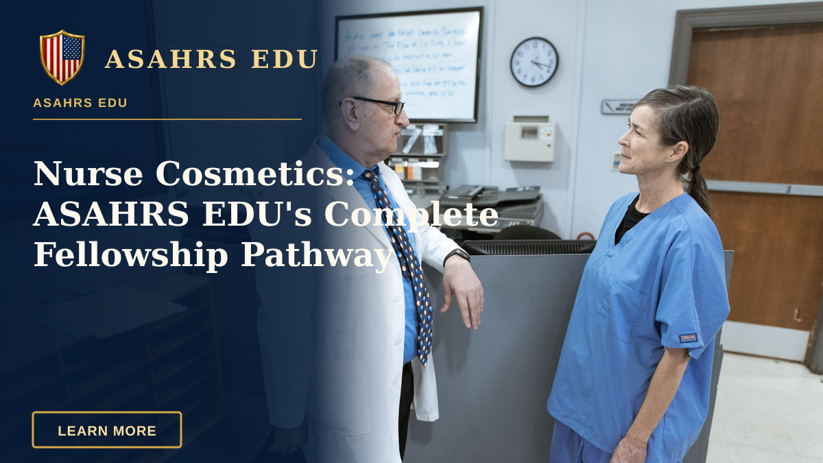 Nurse Cosmetics: ASAHRS EDU's Complete Fellowship Pathway — Doctor and nurse in hospital corridor engaging in discussion about patient information and treatment.