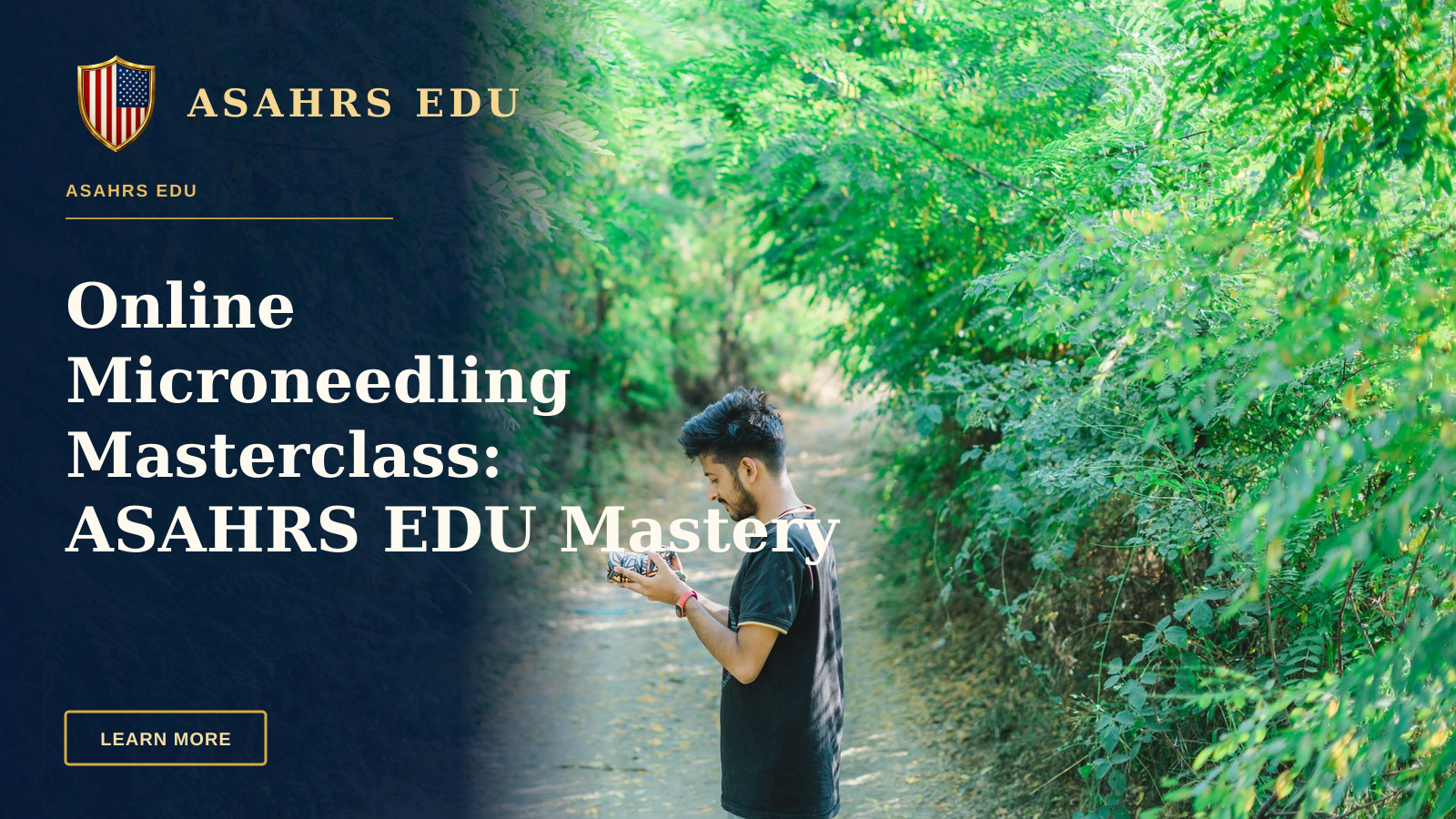 Online Microneedling Masterclass: ASAHRS EDU Mastery Path — A man captures a scenic path in Srinagar, surrounded by vibrant green foliage.