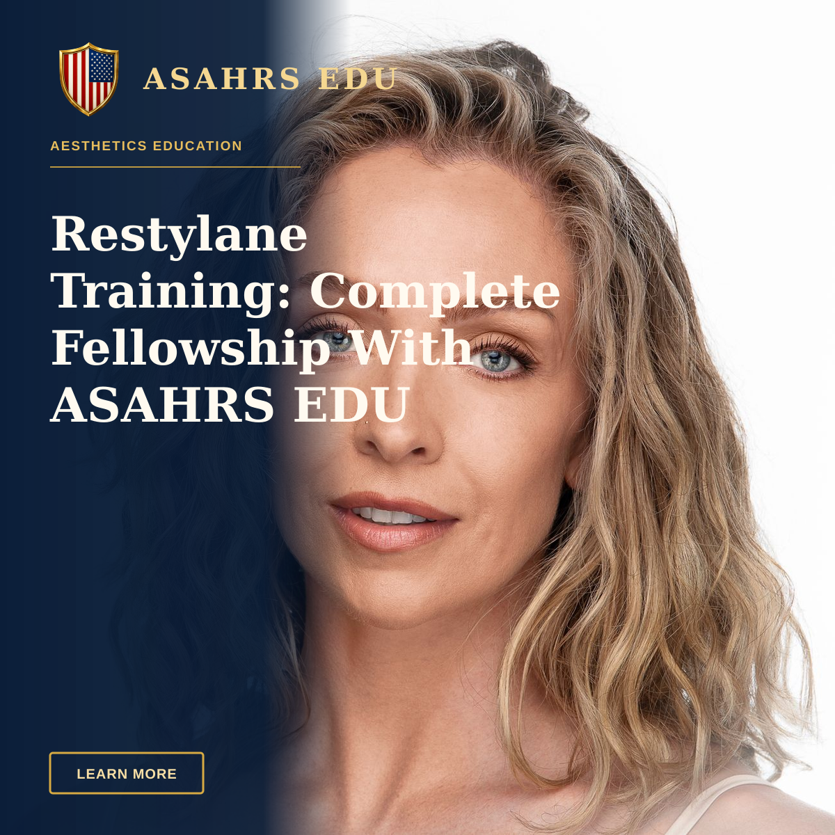 Restylane Training: Complete Fellowship With ASAHRS EDU — Close-up professional portrait of a woman with blonde curls and blue eyes on a white background.