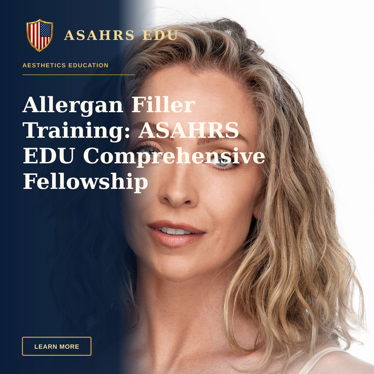 Allergan Filler Training: ASAHRS EDU Comprehensive Fellowship — Close-up professional portrait of a woman with blonde curls and blue eyes on a white background.