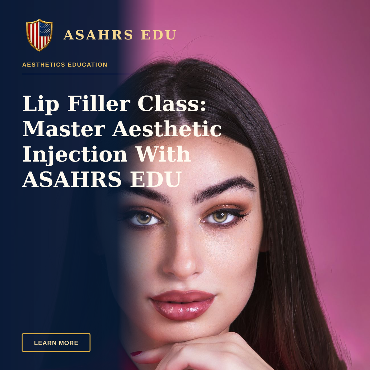 Lip Filler Class: Master Aesthetic Injection With ASAHRS EDU — Close-up portrait of a young woman with makeup against a pink background, showcasing beauty and fashion.