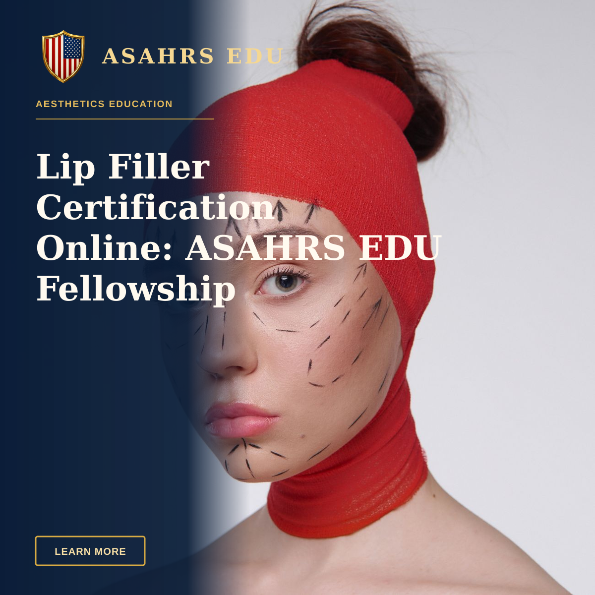 Lip Filler Certification Online: ASAHRS EDU Fellowship — Portrait of a woman with surgery marks wearing a red head cover, symbolizing cosmetic surgery plans.