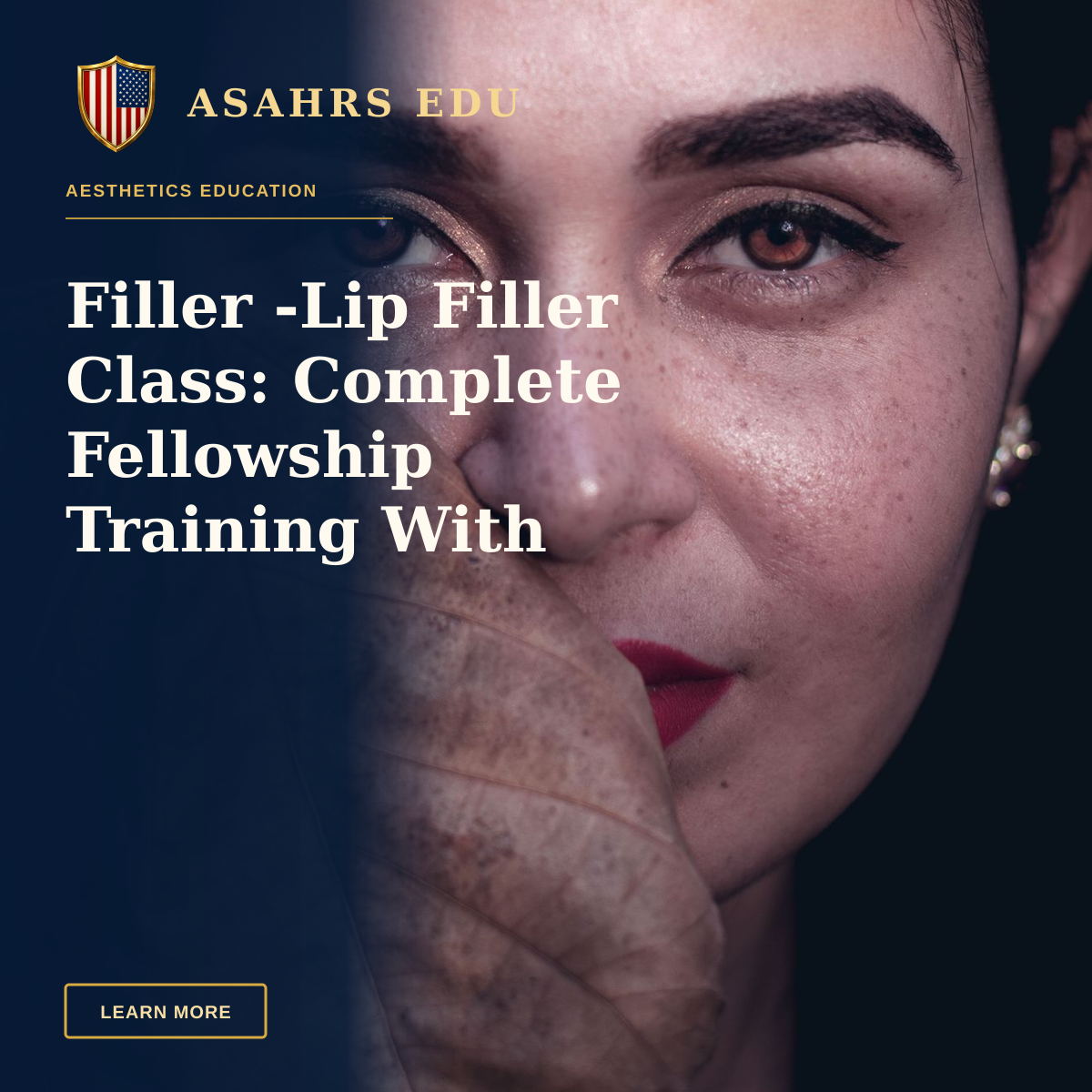 Filler -Lip Filler Class: Complete Fellowship Training With ASAHRS EDU — Close-up portrait of a woman with bold red lips and a natural leaf, showcasing natural beauty and elegance.