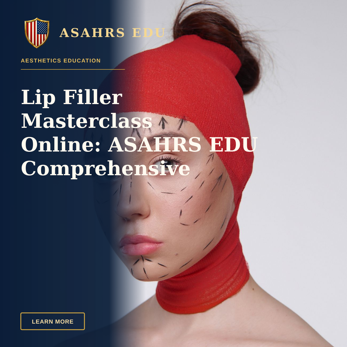 Lip Filler Masterclass Online: ASAHRS EDU Comprehensive Fellowship — Portrait of a woman with surgery marks wearing a red head cover, symbolizing cosmetic surgery plans.