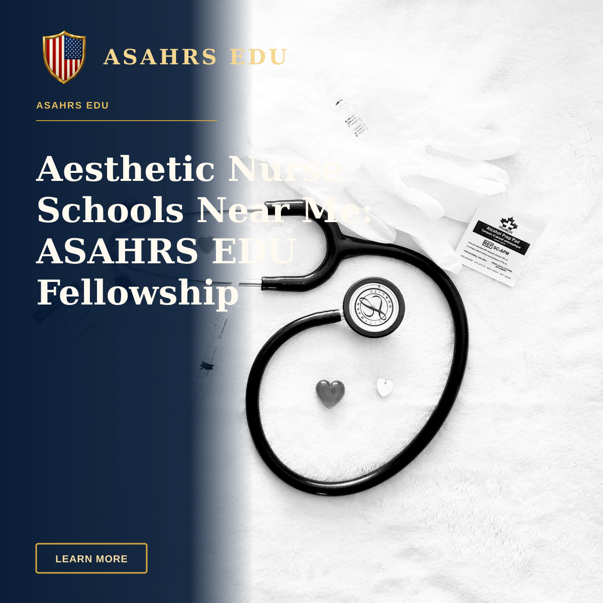 Aesthetic Nurse Schools Near Me: ASAHRS EDU Fellowship — Black and white image of stethoscope and medical tools arranged on a white surface, symbolizing healthcare.