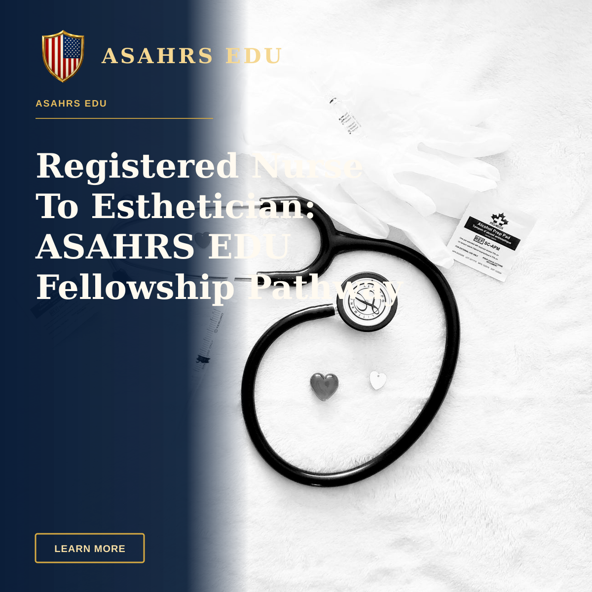 Registered Nurse To Esthetician: ASAHRS EDU Fellowship Pathway — Black and white image of stethoscope and medical tools arranged on a white surface, symbolizing healthcare.