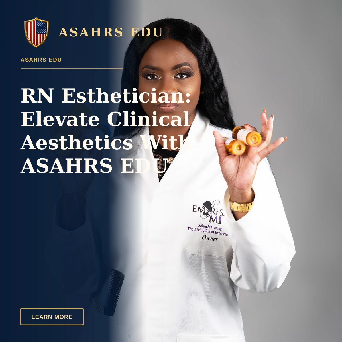 RN Esthetician: Elevate Clinical Aesthetics With ASAHRS EDU — A confident female healthcare professional displaying medication bottles, emphasizing health and wellness.