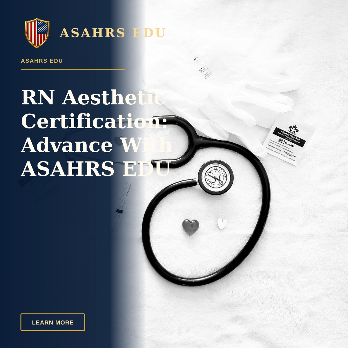 RN Aesthetic Certification: Advance With ASAHRS EDU — Black and white image of stethoscope and medical tools arranged on a white surface, symbolizing healthcare.