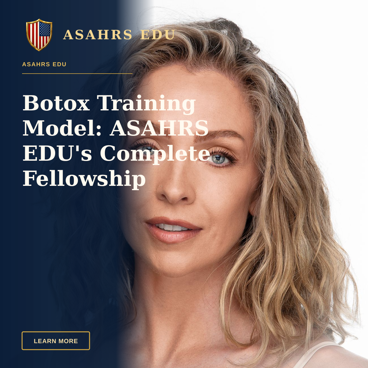 Botox Training Model: ASAHRS EDU's Complete Fellowship — Close-up professional portrait of a woman with blonde curls and blue eyes on a white background.