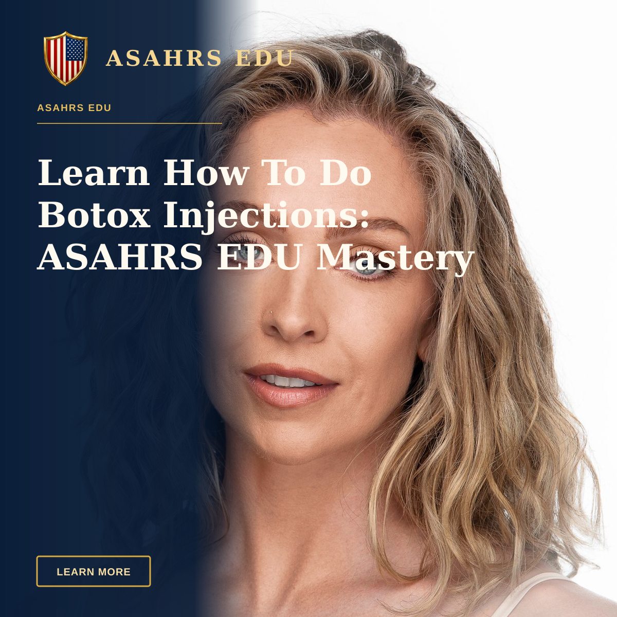 Learn How To Do Botox Injections: ASAHRS EDU Mastery — Close-up professional portrait of a woman with blonde curls and blue eyes on a white background.
