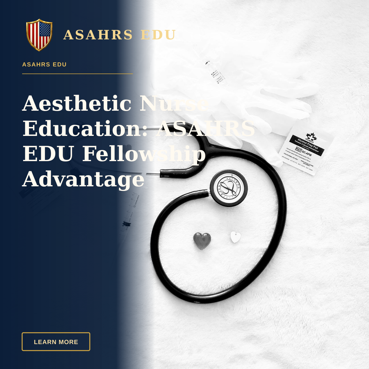 Aesthetic Nurse Education: ASAHRS EDU Fellowship Advantage — Black and white image of stethoscope and medical tools arranged on a white surface, symbolizing healthcare.