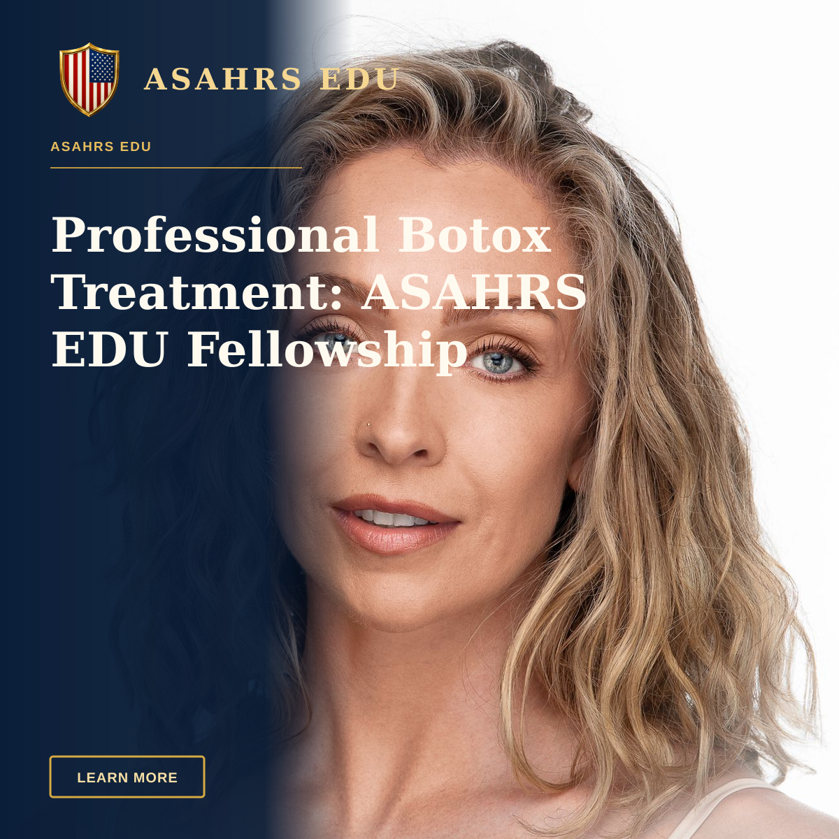Professional Botox Treatment: ASAHRS EDU Fellowship — Close-up professional portrait of a woman with blonde curls and blue eyes on a white background.