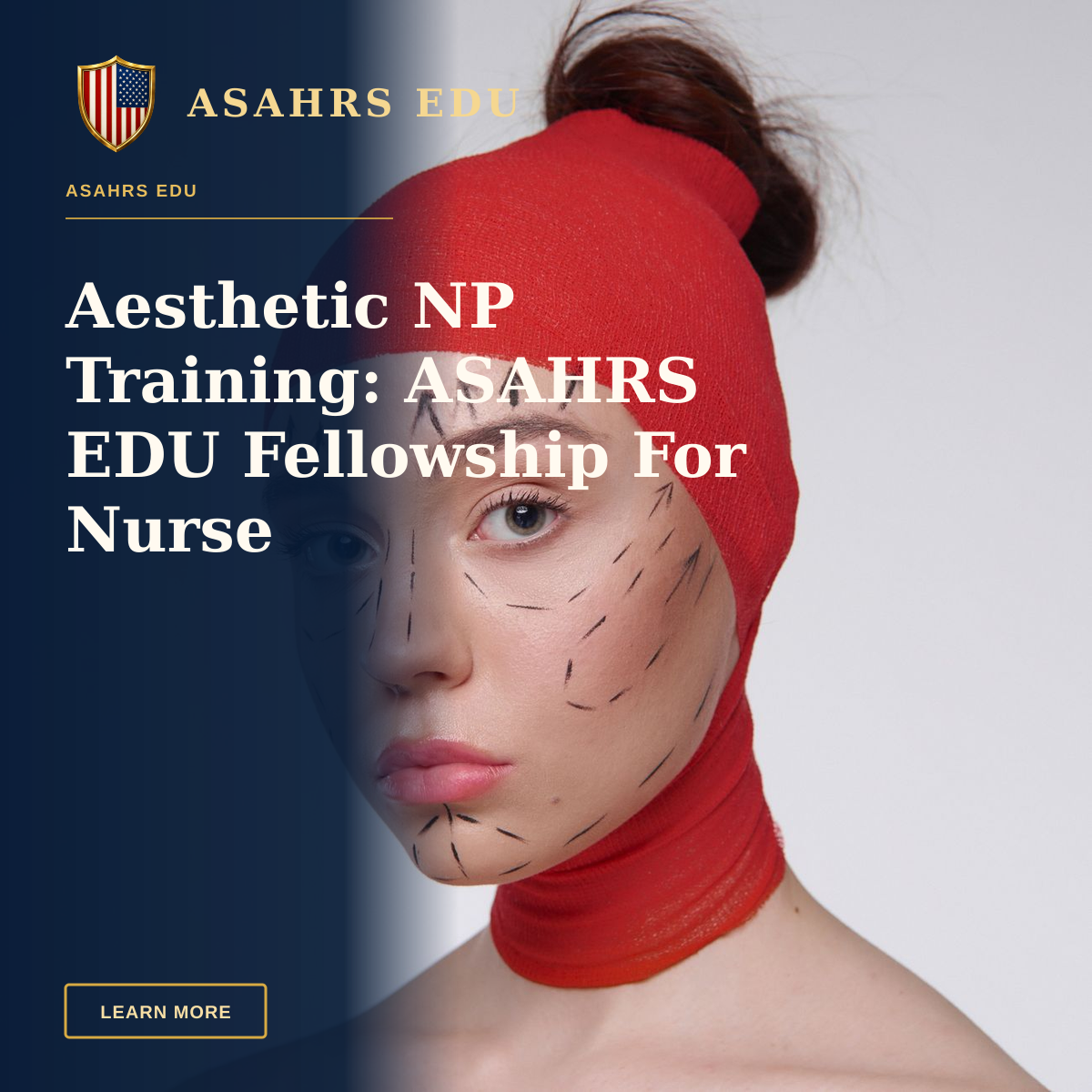 Aesthetic NP Training: ASAHRS EDU Fellowship For Nurse Practitioners — Portrait of a woman with surgery marks wearing a red head cover, symbolizing cosmetic surgery plans.