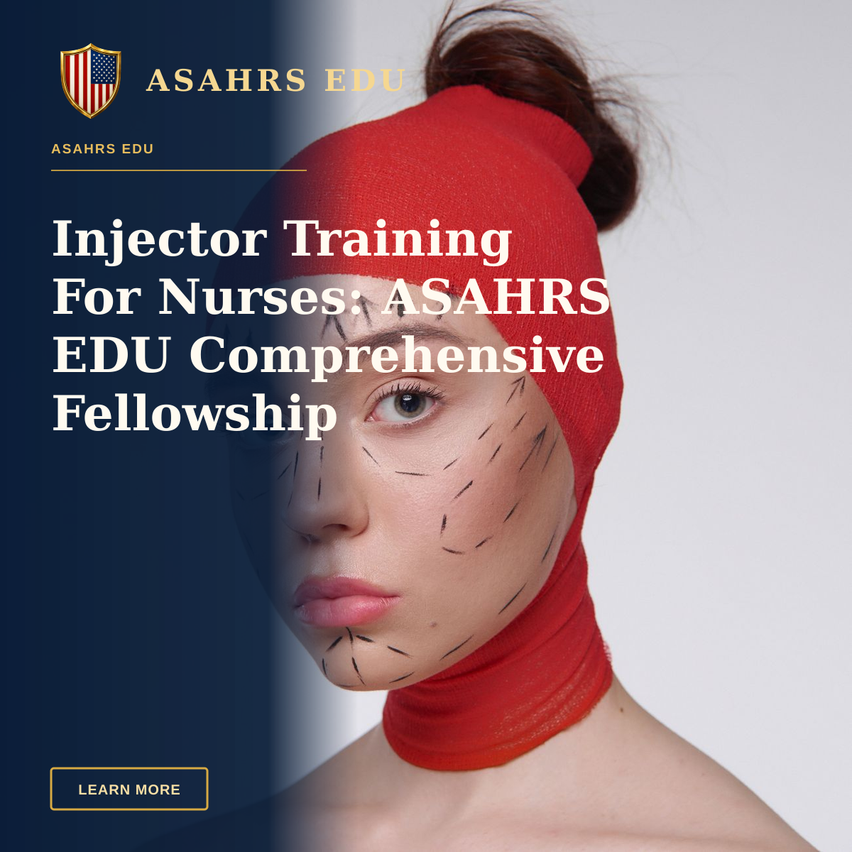 Injector Training For Nurses: ASAHRS EDU Comprehensive Fellowship — Portrait of a woman with surgery marks wearing a red head cover, symbolizing cosmetic surgery plans.