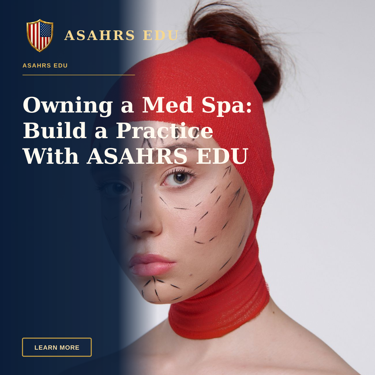 Owning a Med Spa: Build a Practice With ASAHRS EDU — Portrait of a woman with surgery marks wearing a red head cover, symbolizing cosmetic surgery plans.