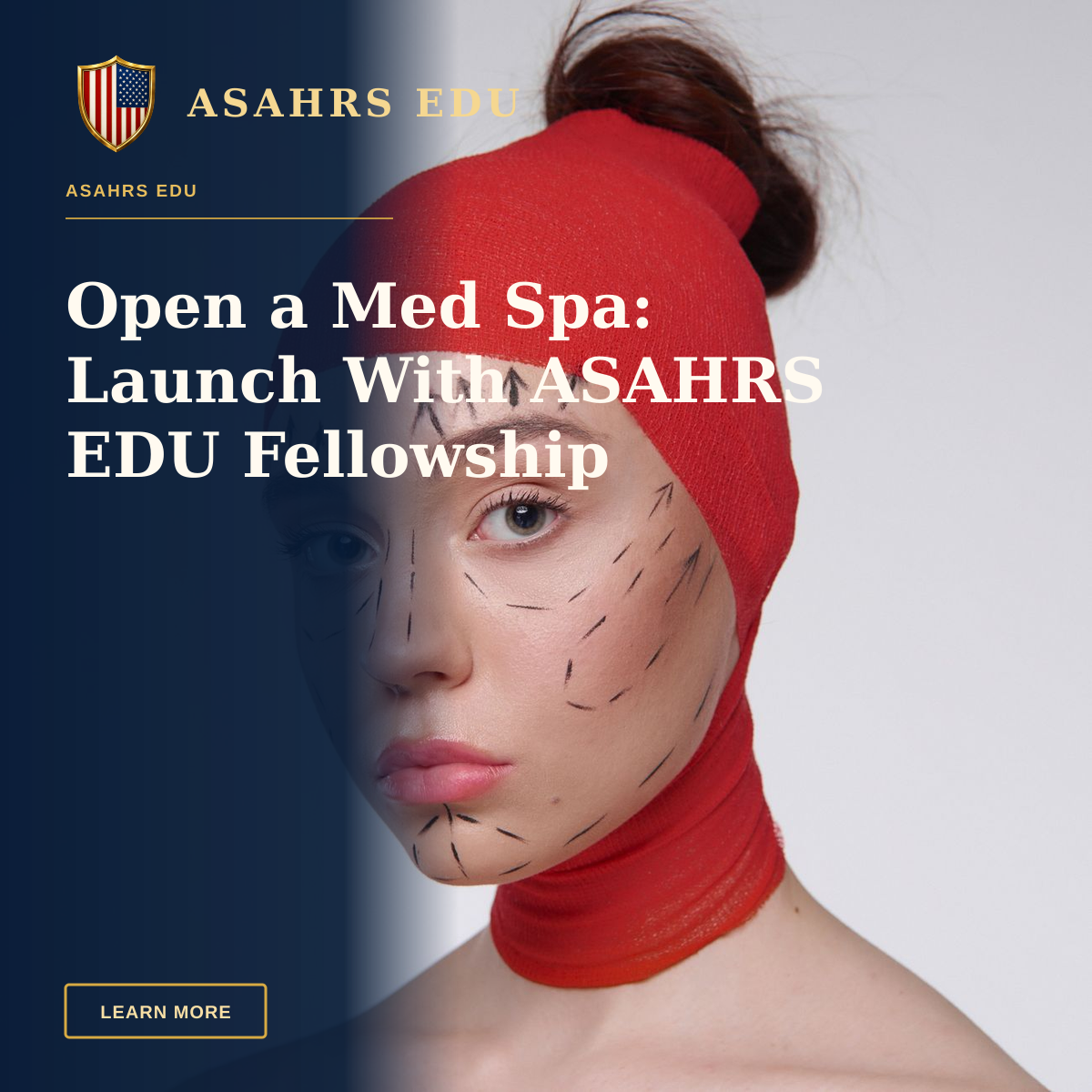 Open a Med Spa: Launch With ASAHRS EDU Fellowship — Portrait of a woman with surgery marks wearing a red head cover, symbolizing cosmetic surgery plans.