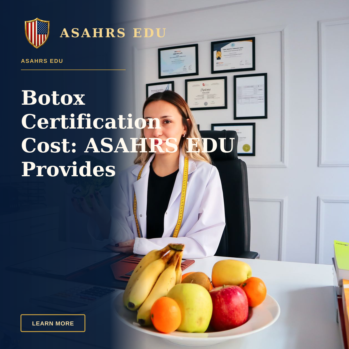 Botox Certification Cost: ASAHRS EDU Provides Transparent Value — Female nutritionist in office holding broccoli, surrounded by fruits, promoting healthy lifestyle.